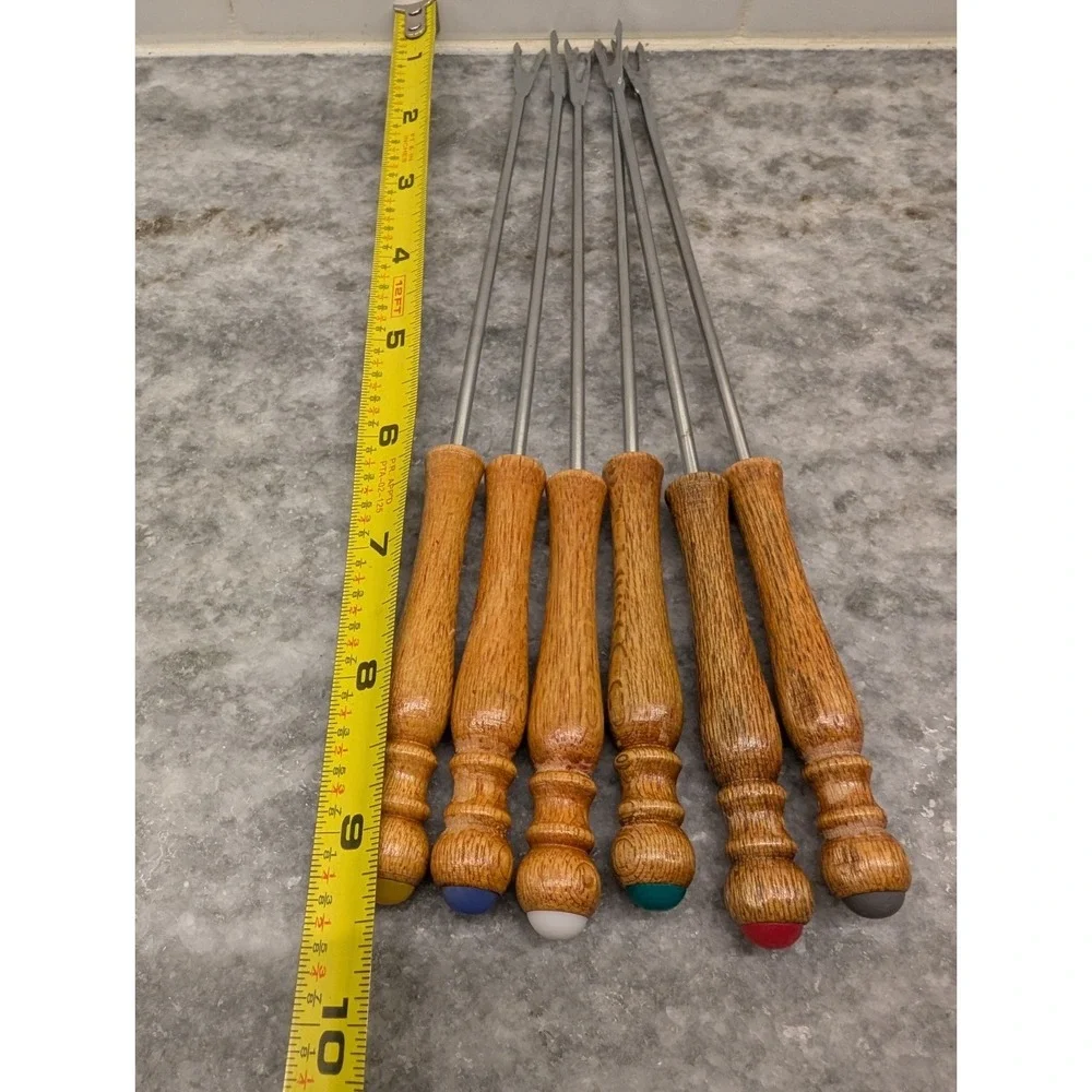 Vintage Fondue Forks Skewers Set of 6 Wooden Color Coded Mid Century Retro 1970s
